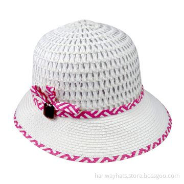 Paper Braid White Children's Straw Hat with Pink Band and Brim Edge